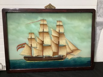 RARE Vintage Large Chinese Reverse Painting Of Ship On Glass