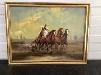 Framed Horses Oil  On Wood  By Hungarian Artist Tibor Ban