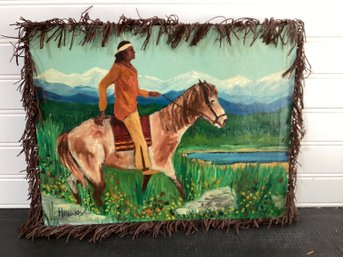 Southwestern Acrylic Painting On Canvas With Leather Fringes  Singed Hinatosa