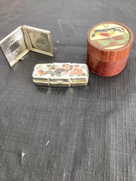 Vintage Pill Box, Silver Tone Picture  Frame, And Round Wood Box
