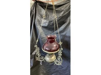 Antique Hanging  Lamp With Color Glass Shade