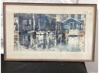 Beautiful Watercolor Boats At Dock Illegibly Signed