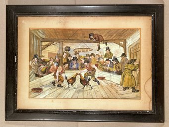 Framed 19th Century Naive Watercolor Folkart Gamblers At A Cockfight