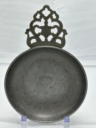 Vintage Stede Pewter Porringer Dish With Filigree Handle, 6' Diameter
