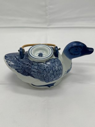 Chinese Blue And White Hand Painted Duck Teapot