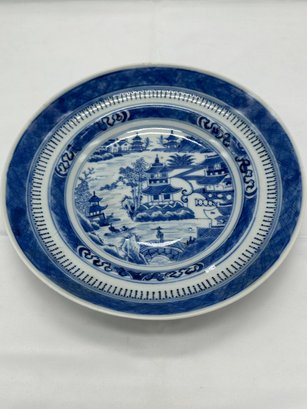Chinese Vintage Blue And White Plate With Kangxi Mark-19th C.