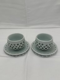 Two Asian Porcelain Celadon Pierced Double Walled Cup & Saucer Sets