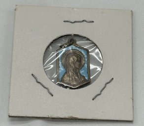 Religious French Catholic Silvered Turquoise Light Blue Enameled Medal Pendant C