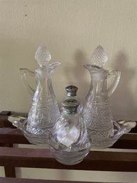 Vintage Etched Oil & Vinegar With Salt & Pepper In Caddy