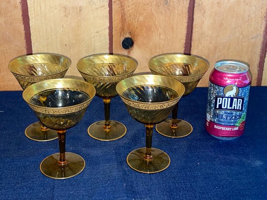 Set Of 5 Amber MOSER Champagne Glasses - Antique