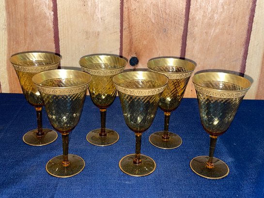 Set Of 6 Amber MOSER Wine Glasses - Antique