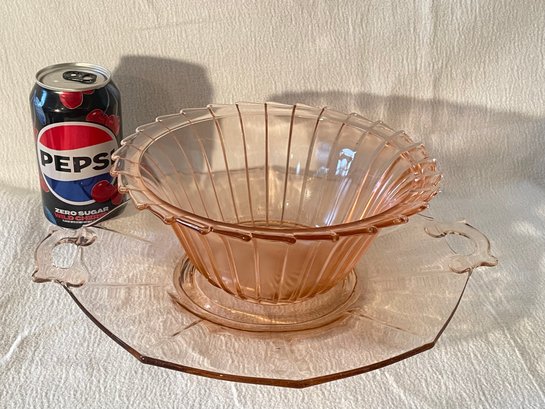 2 Pieces Vintage Pink Depression Glass - Platter/Tray & Pinwheel Bowl