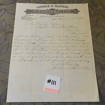1882 Attorney Joshua F. Hicklin Antique Letterhead Document