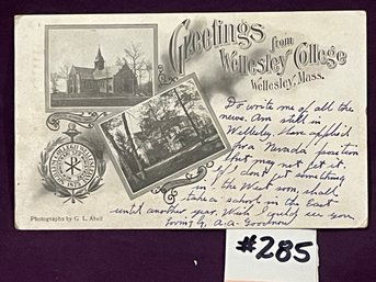 1912 'Greetings From Wellesley College' ANTIQUE Postcard Massachusetts