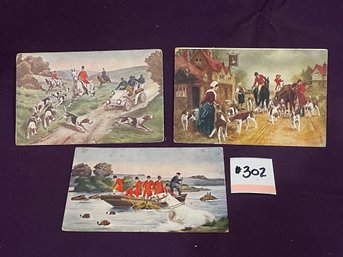 (Set Of 3) Antique Fox Hunting Postcards