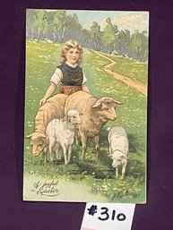 1907 Girl With Sheep 'A Joyful Easter' Antique Embossed Postcard
