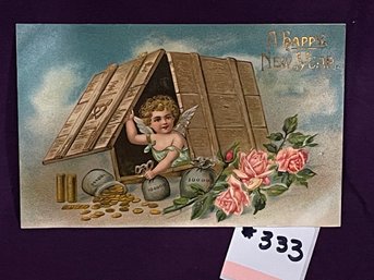 Happy New Year Baby Angel Cherub & Box Full Of Money 1908 Antique Postcard