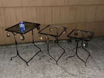 Set Of 3 Iron Stacking Tables (One With Glass) Outdoor Porch/Patio Furniture