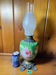 Antique Floral Painted Hurricane Oil Lamp - Risdon MFG Danbury, CT