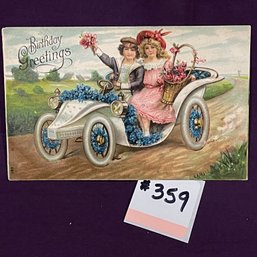 Antique 'Birthday Greetings' Postcard - Old Car
