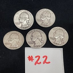 (Lot Of 5) 1950s Washington Quarters - American Silver Coins