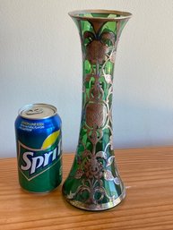 Sterling Silver Heavy Overlay Green Glass Art Nouveau Vase (As Is)