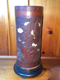Inlaid Bamboo Large Asian Vase, Flower Holder - Vintage With Pedestal