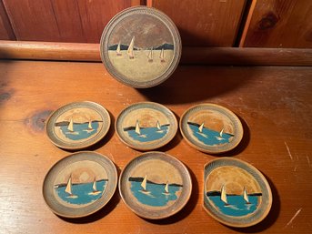 Set Of 6 Wood Sailboat Coasters - Vintage