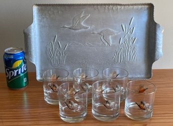 Set Of 6 Pheasant Glasses & Hammered Aluminum Tray - Vintage Barware