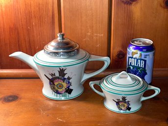 Farberware, Fraunfelter China Teapot With Infuser & Sugar Bowl VINTAGE