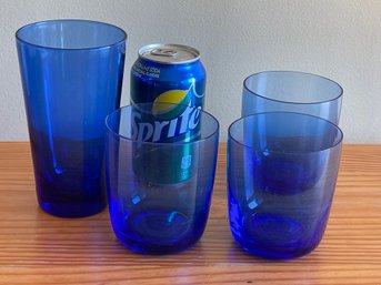 4 Blue Glass Drinking Glasses