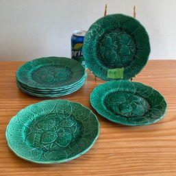 Set Of 8 Green Majolica Strawberry Plates - Spain VINTAGE