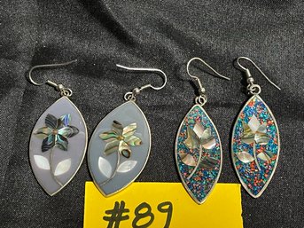 2 Pairs Alpaca Silver Earrings - Inlaid Mother Of Pearl - Made In Mexico