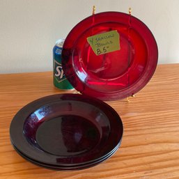 Set Of 4 Red Glass Plates/Shallow Bowls 8.5' Diameter