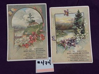 (2) C.H. Brush Art Supply Store Antique Trade Cards - Danbury, Connecticut
