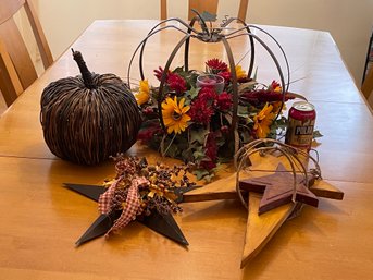 Metal Candle Holder Floral Centerpiece, Pumpkin & Wall Stars Decor Lot