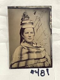 'Fancy Hat Lady Wearing Sarape' Antique Tintype Photo