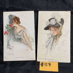 (2) Early 20th Century Beautiful Women Illustrated Postcards - Antique