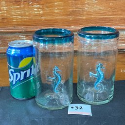 (2) Seahorse Glasses - Recycled Glass, Made In Mexico