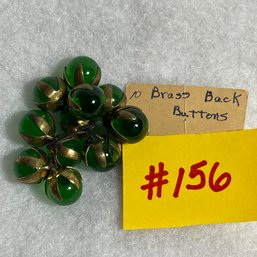 Set Of 10 Green Glass Buttons With Brass Backs - Vintage