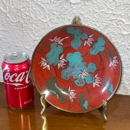 8' Red Floral Asian Plate With Brass Case - Japanese Porcelain Ware