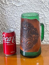 Vintage Large Green Glass Mug With Tooled Leather Wrap