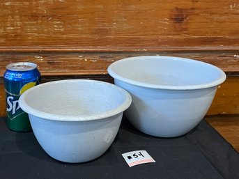 Pair Of Vintage White Enamel Metal Bowls - Farmhouse Shabby Chic