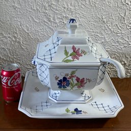 Large Italian Pottery Soup Tureen With Ladle & Under Plate - Ethan Allen Ceramics