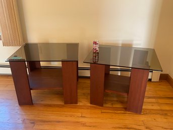 Vintage End Tables - Wood With Smokey Glass Tops