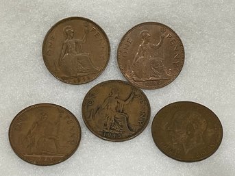 (Lot Of 5) British One Penny Coins 1921-1967 Large Cents - Vintage