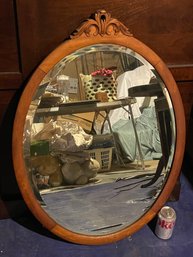 Antique Bevelled Glass Oval Mirror - Carved Wood Frame