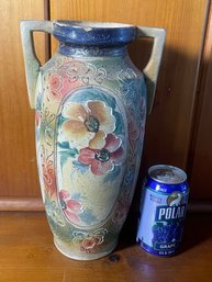 Double Handle Painted Stoneware Urn, Vase