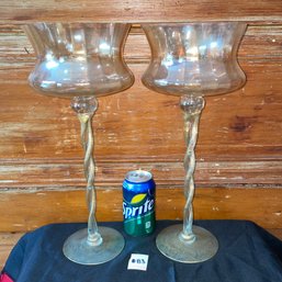 Pair Of Very Tall Art Glass Pedestal Candle Holders - Iridescent Gold