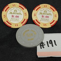 Lot Of 3 Vintage Casino Poker Chips - Aruba, San Juan Marriott